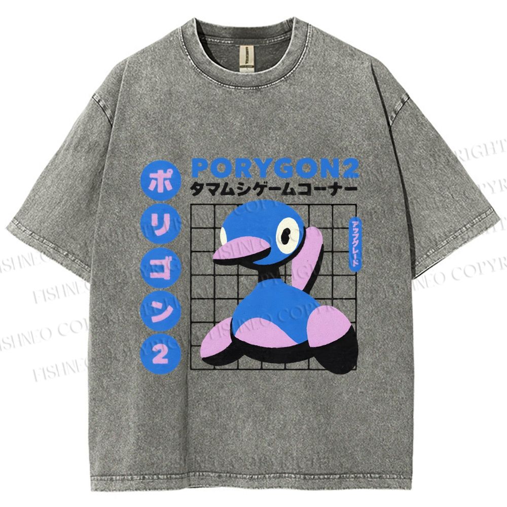 Unisex Japanese Vintage Funny Blue Duck Printed Washed Tee