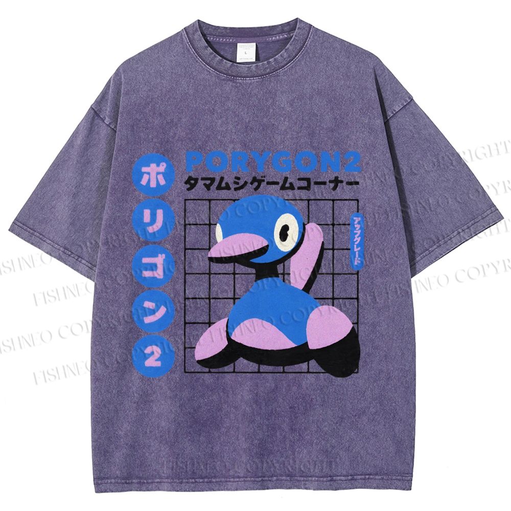 Unisex Japanese Vintage Funny Blue Duck Printed Washed Tee