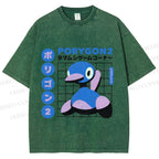 Unisex Japanese Vintage Funny Blue Duck Printed Washed Tee