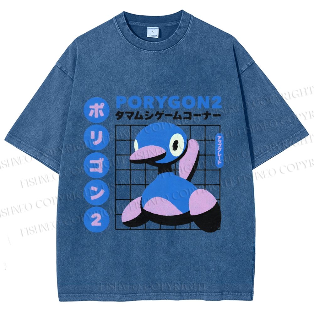 Unisex Japanese Vintage Funny Blue Duck Printed Washed Tee