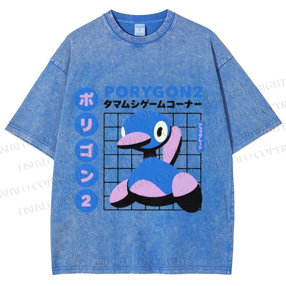 Unisex Japanese Vintage Funny Blue Duck Printed Washed Tee