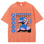 Unisex Japanese Vintage Funny Blue Duck Printed Washed Tee
