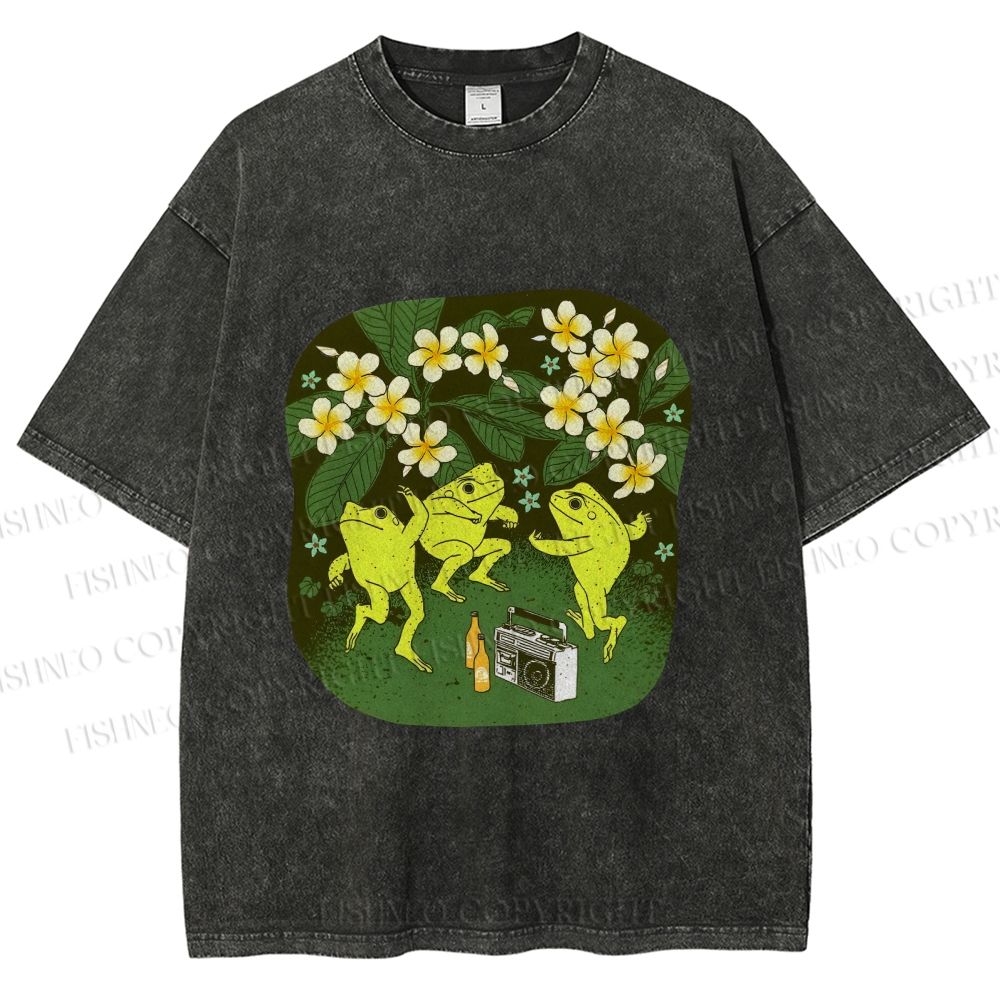 Unisex Vintage Frog Dance Printed Washed Tee