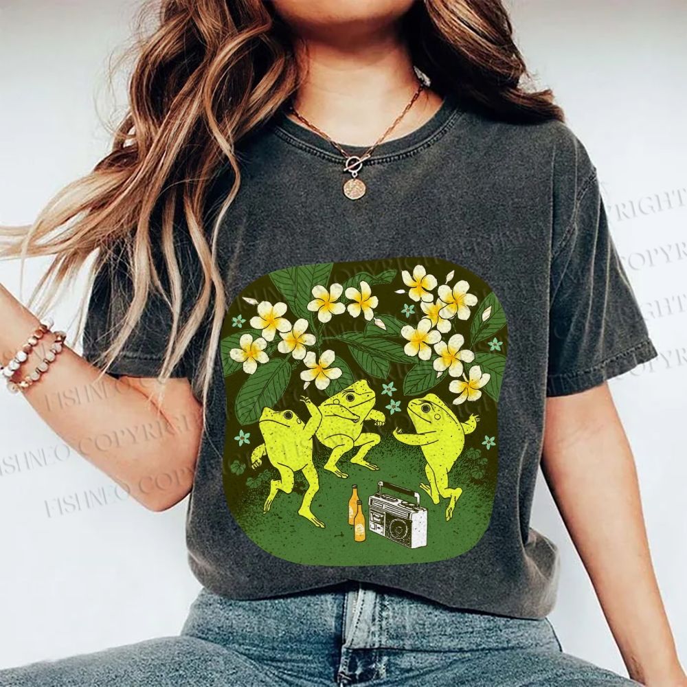 Unisex Vintage Frog Dance Printed Washed Tee