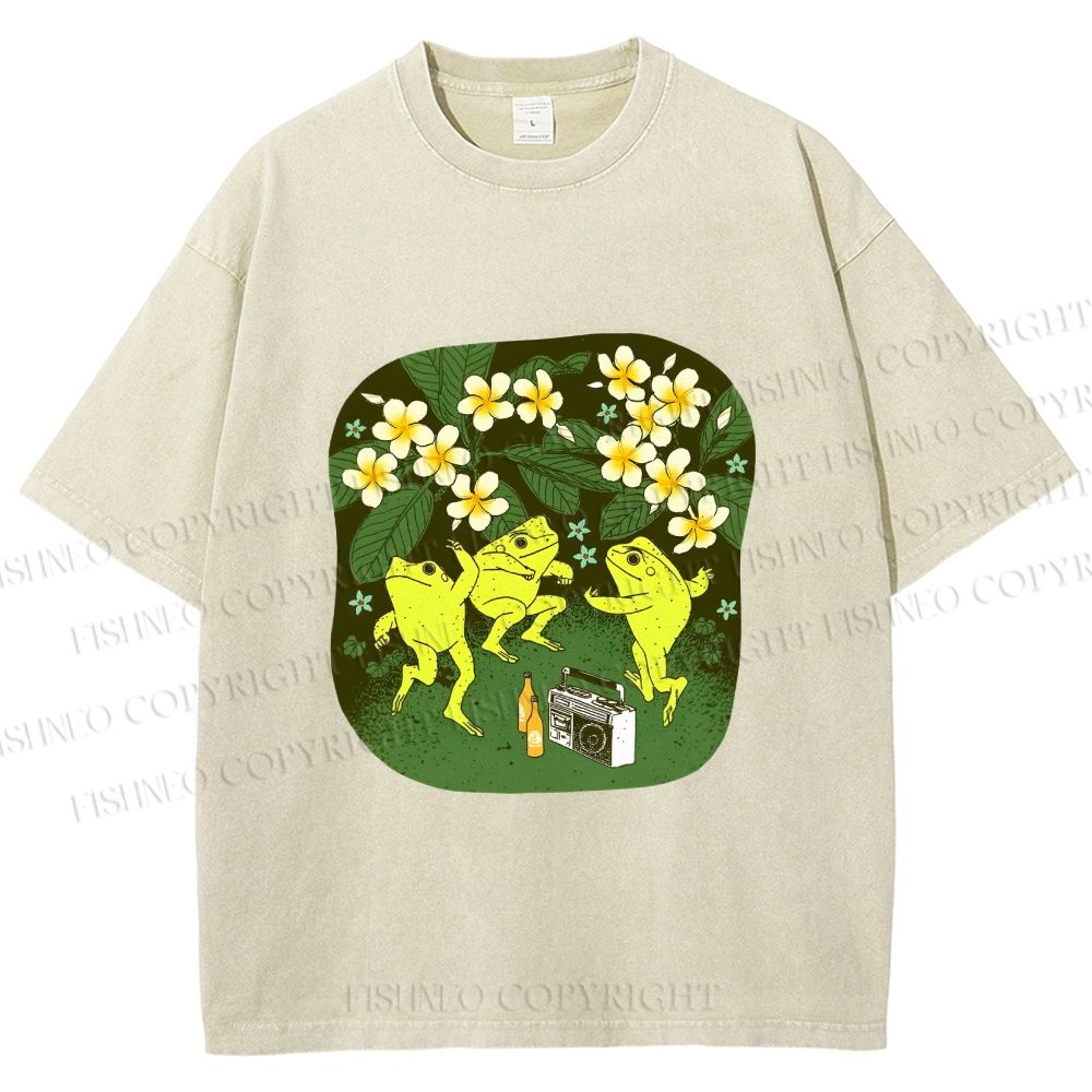 Unisex Vintage Frog Dance Printed Washed Tee