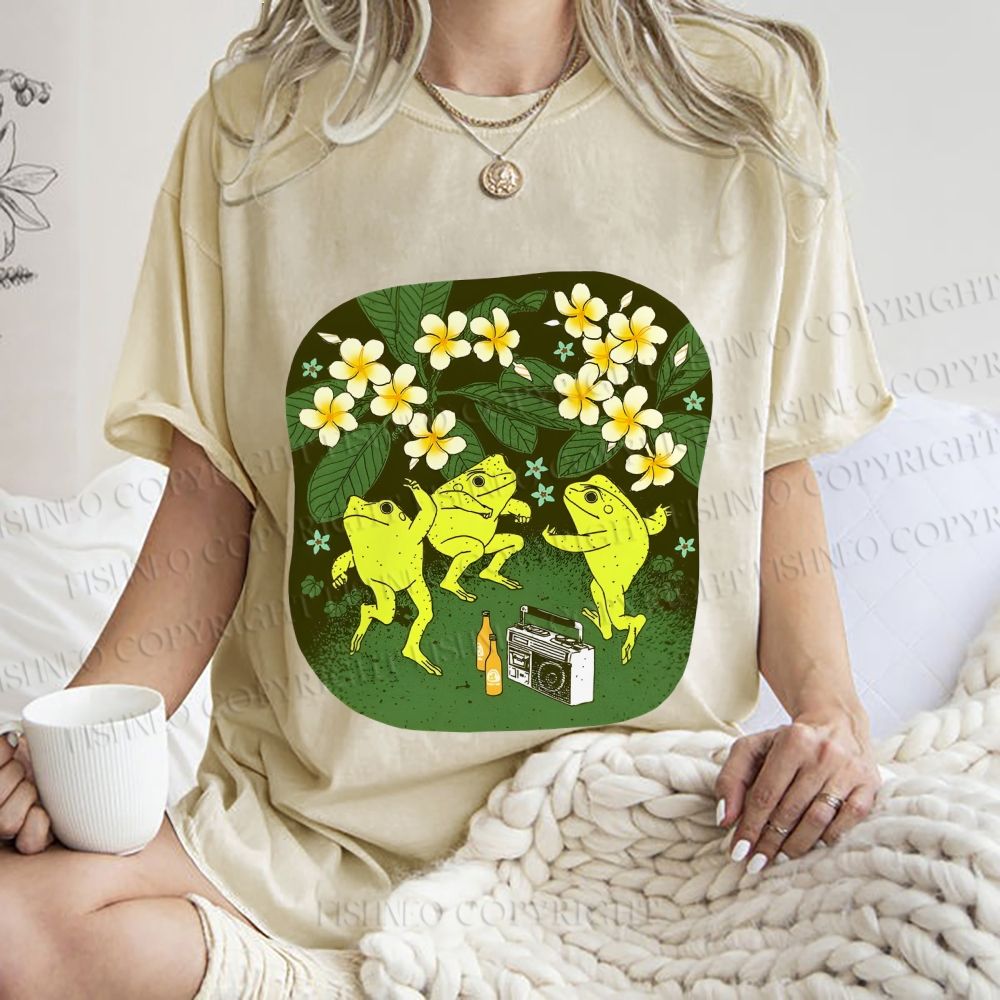 Unisex Vintage Frog Dance Printed Washed Tee