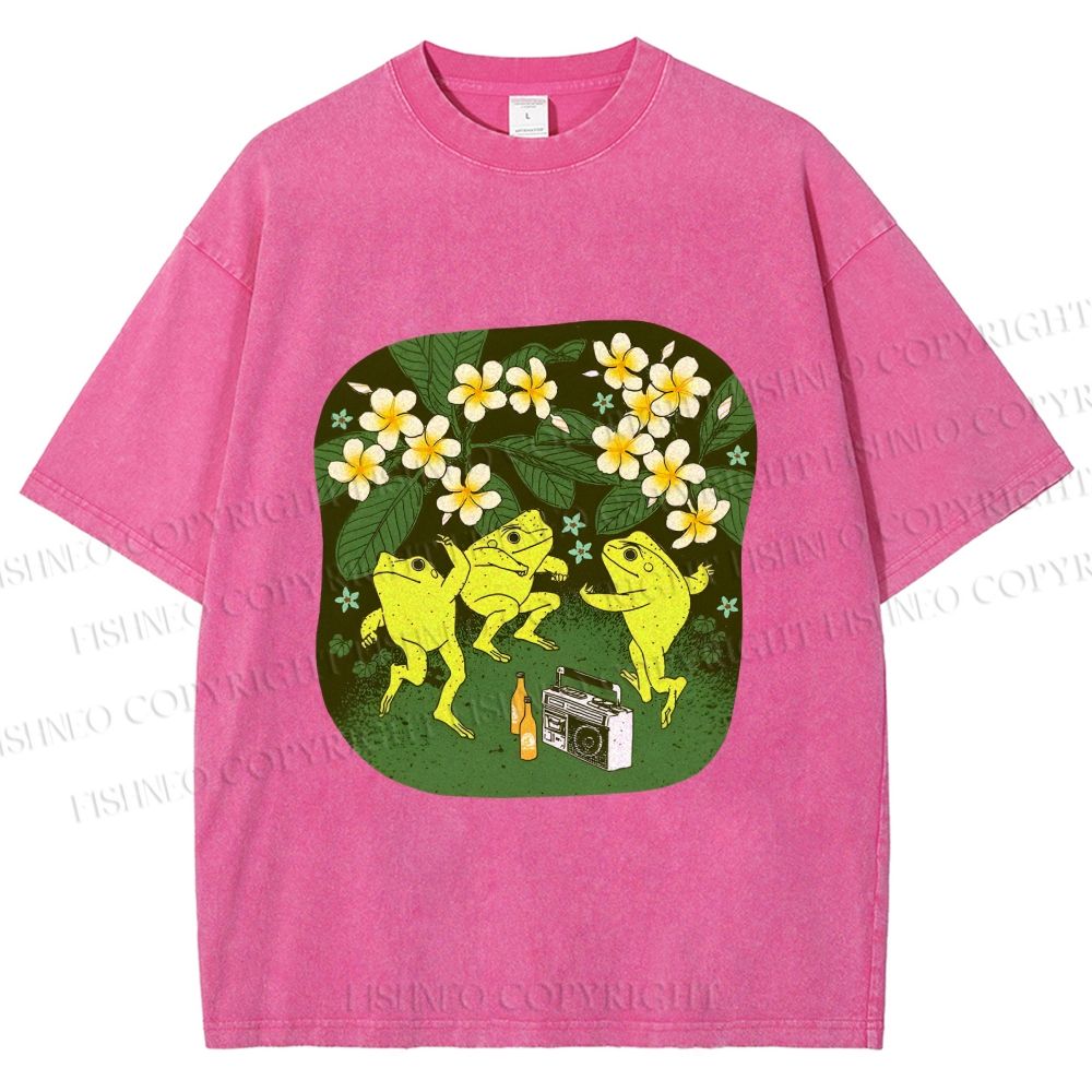 Unisex Vintage Frog Dance Printed Washed Tee