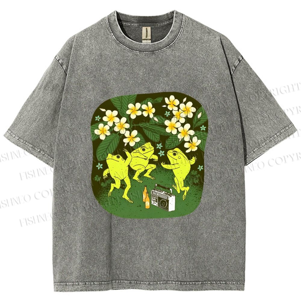 Unisex Vintage Frog Dance Printed Washed Tee