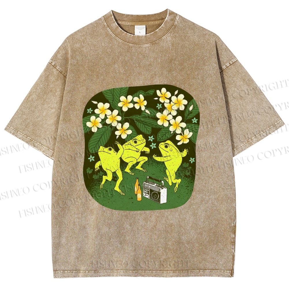 Unisex Vintage Frog Dance Printed Washed Tee