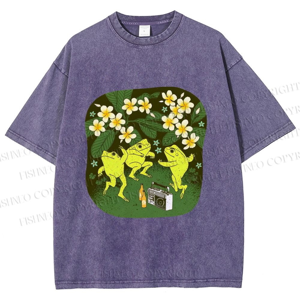 Unisex Vintage Frog Dance Printed Washed Tee