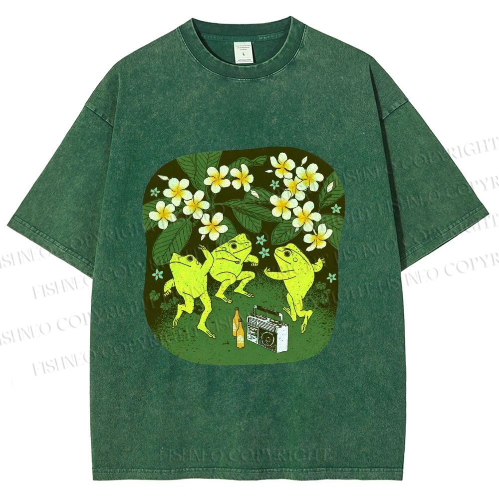 Unisex Vintage Frog Dance Printed Washed Tee