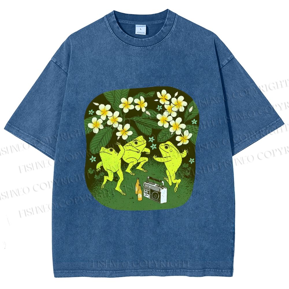 Unisex Vintage Frog Dance Printed Washed Tee