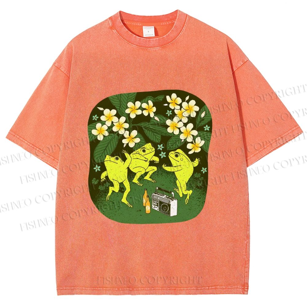 Unisex Vintage Frog Dance Printed Washed Tee
