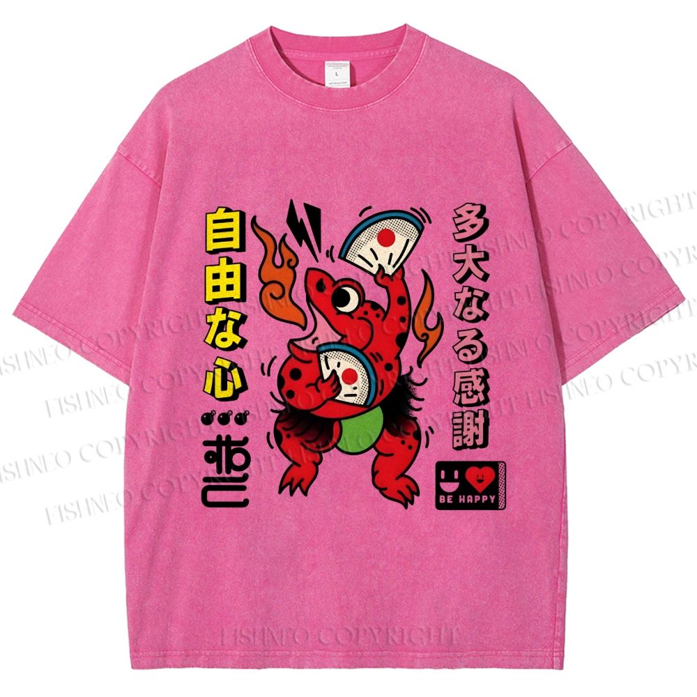 Unisex Vintage Japanese Frog Dancing Printed Washed Tee