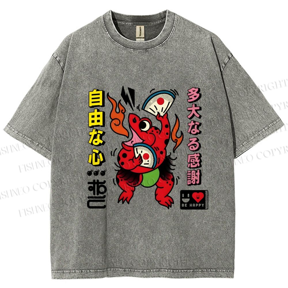 Unisex Vintage Japanese Frog Dancing Printed Washed Tee
