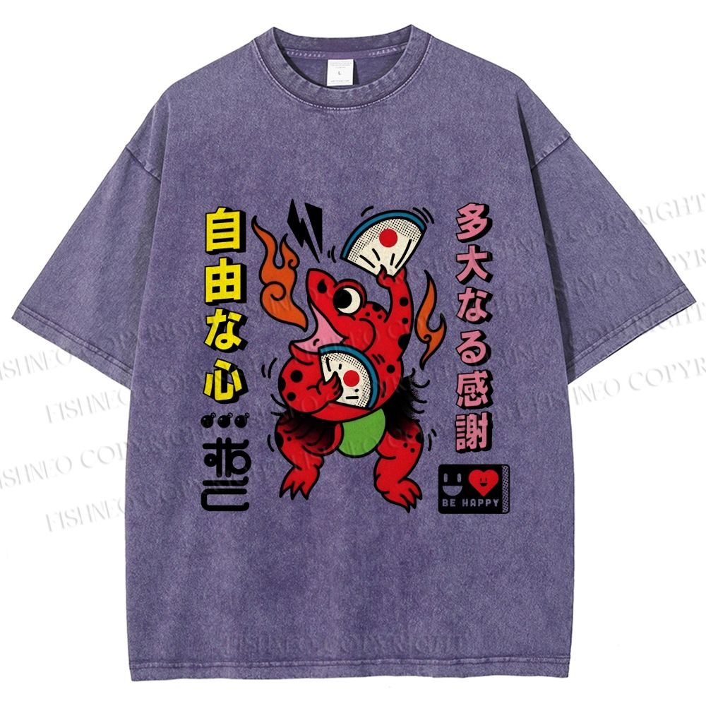 Unisex Vintage Japanese Frog Dancing Printed Washed Tee
