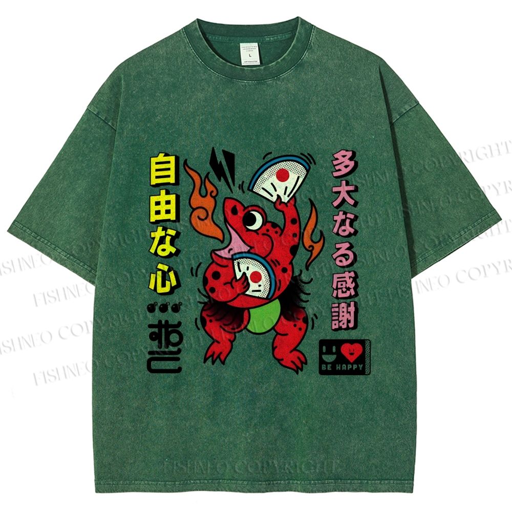 Unisex Vintage Japanese Frog Dancing Printed Washed Tee