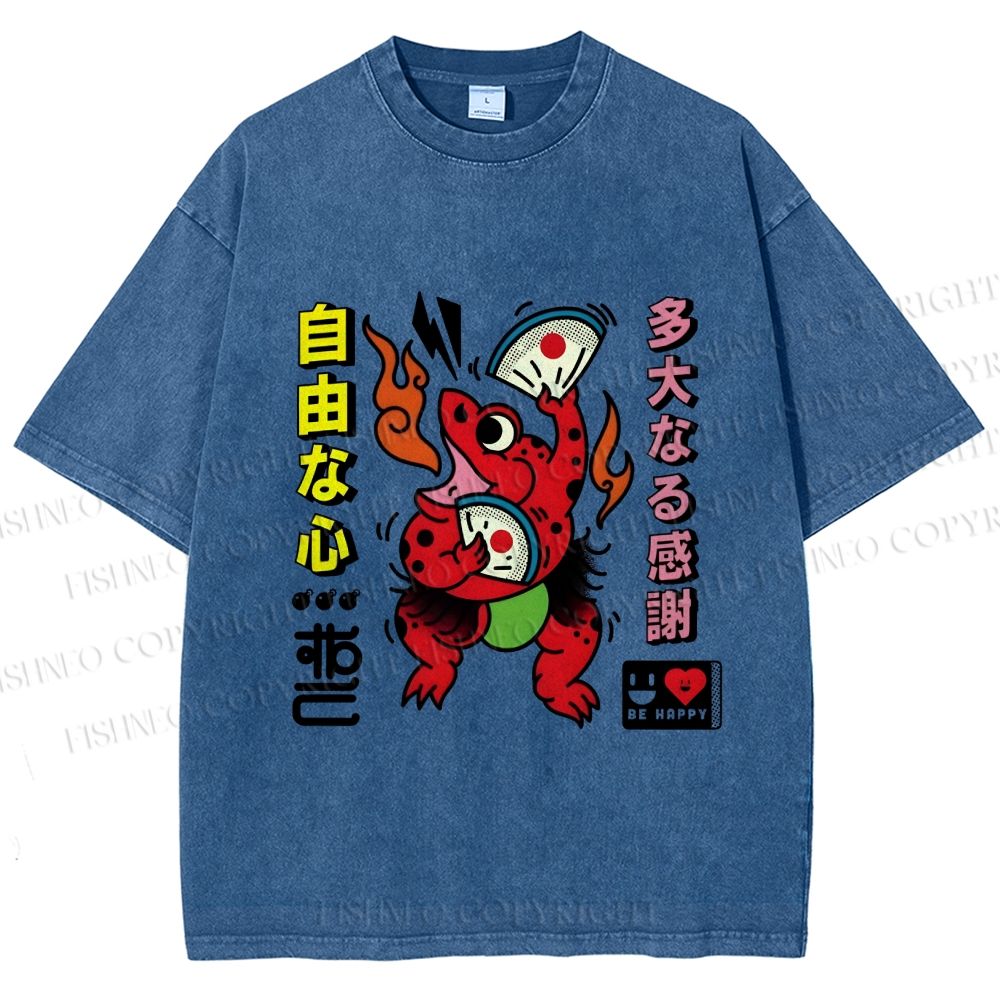Unisex Vintage Japanese Frog Dancing Printed Washed Tee