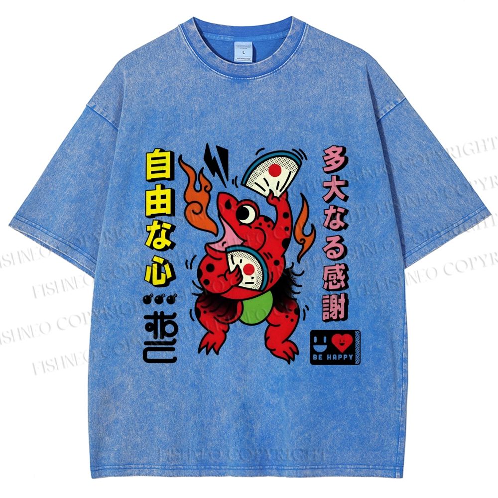 Unisex Vintage Japanese Frog Dancing Printed Washed Tee
