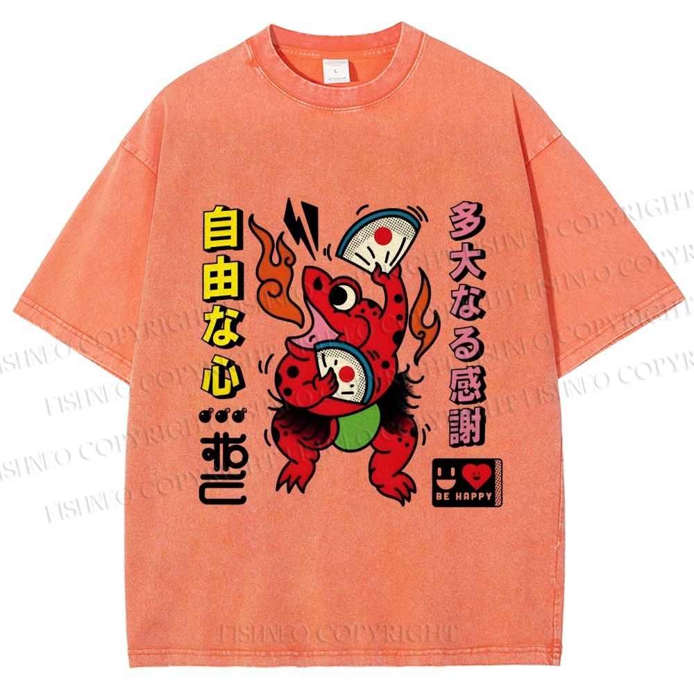 Unisex Vintage Japanese Frog Dancing Printed Washed Tee