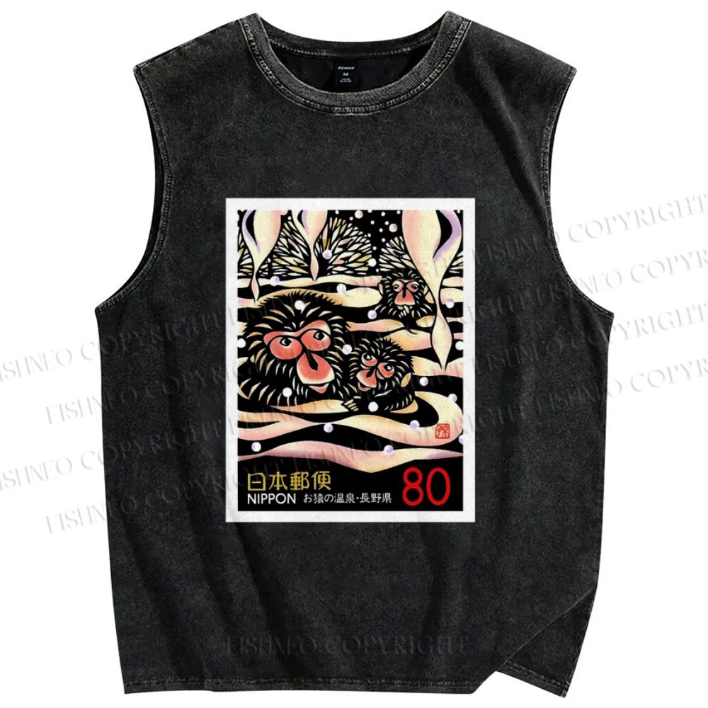 Unisex Onsen Monkey Stamps Printed Washed Tank Top