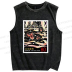 Unisex Onsen Monkey Stamps Printed Washed Tank Top