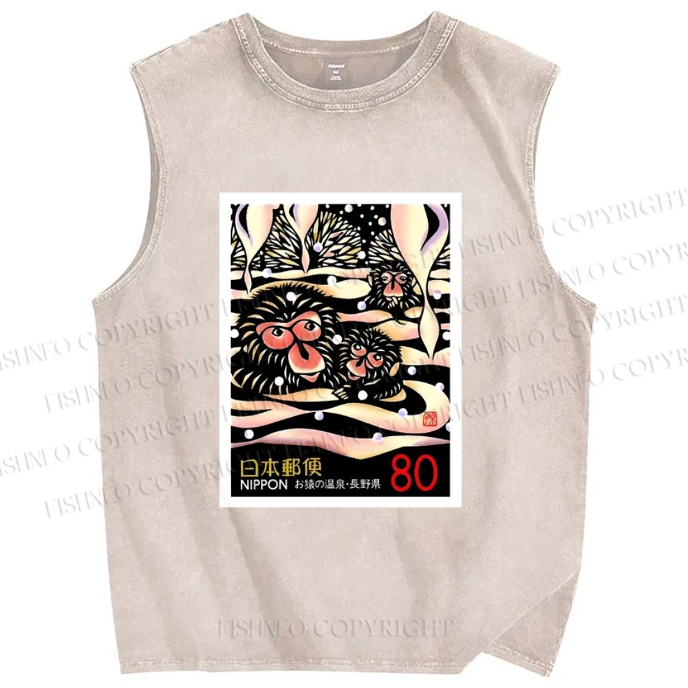 Unisex Onsen Monkey Stamps Printed Washed Tank Top