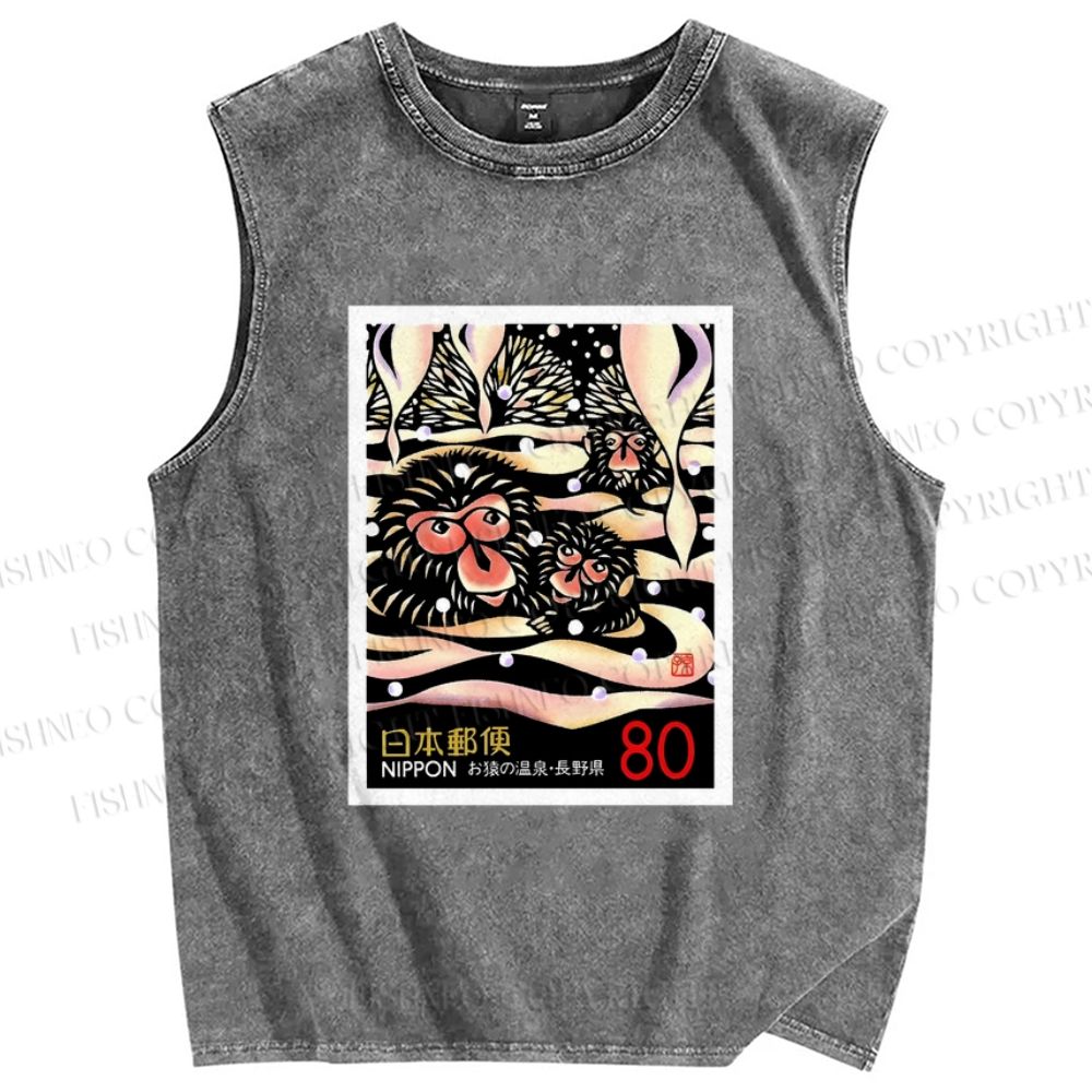 Unisex Onsen Monkey Stamps Printed Washed Tank Top