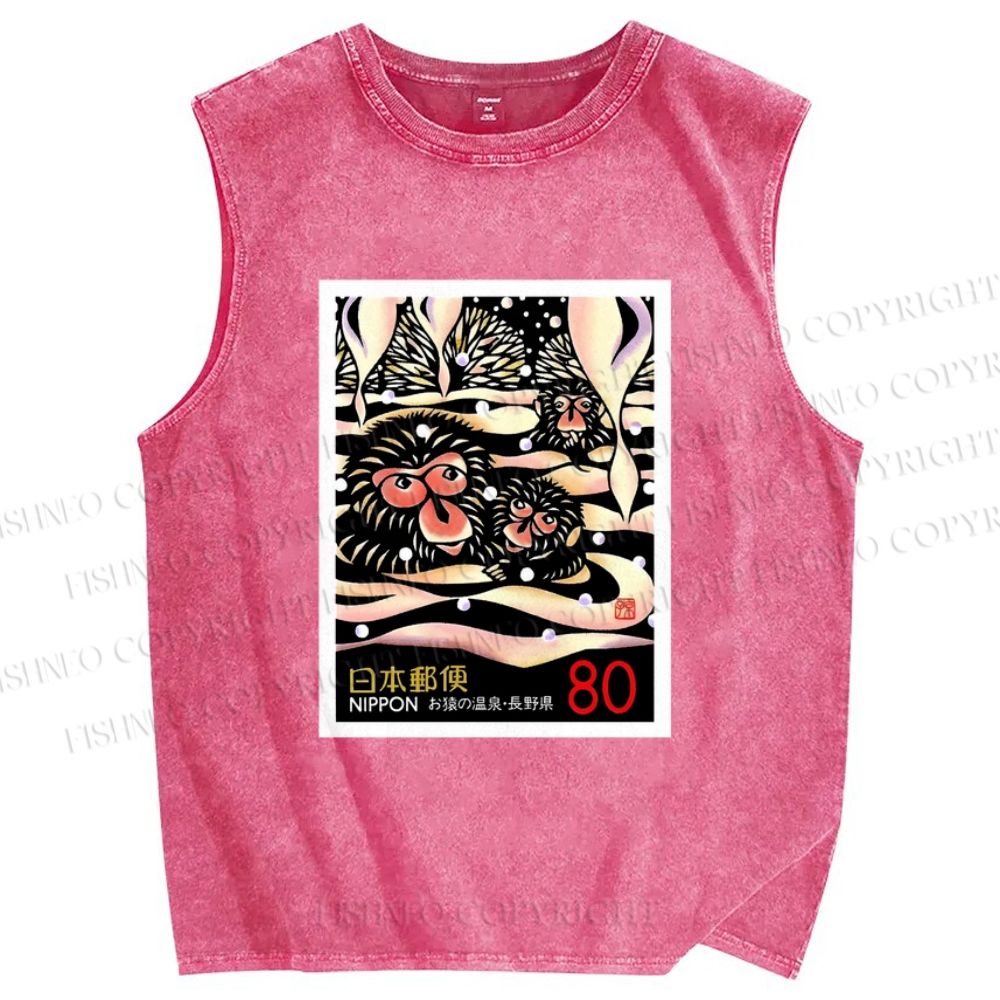 Unisex Onsen Monkey Stamps Printed Washed Tank Top