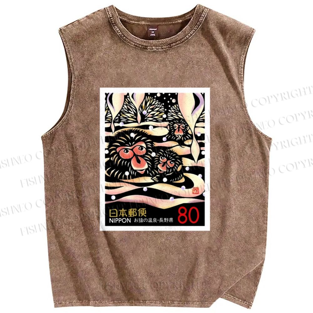 Unisex Onsen Monkey Stamps Printed Washed Tank Top