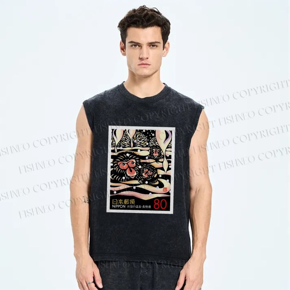 Unisex Onsen Monkey Stamps Printed Washed Tank Top