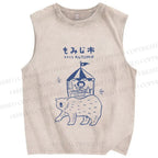 Unisex Vintage Japanese Bear Printed Washed Tank Top