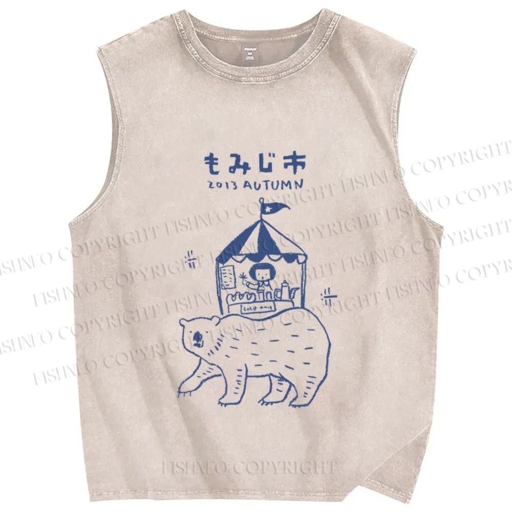 Unisex Vintage Japanese Bear Printed Washed Tank Top