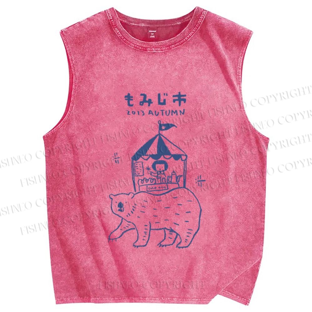 Unisex Vintage Japanese Bear Printed Washed Tank Top