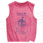 Unisex Vintage Japanese Bear Printed Washed Tank Top