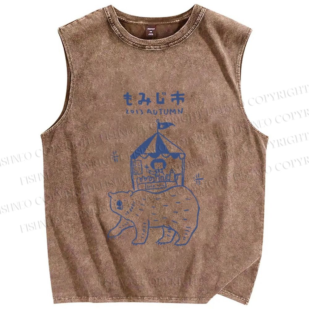 Unisex Vintage Japanese Bear Printed Washed Tank Top
