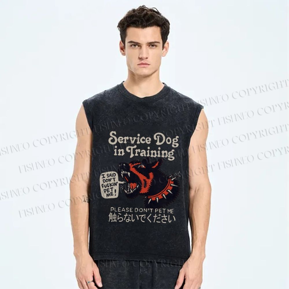 Unisex Japanese Trained Dog Do Not Pet Me Printed Washed Tank Top