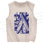 Unisex Vintage Sardine Fish Printed Washed Tank Top