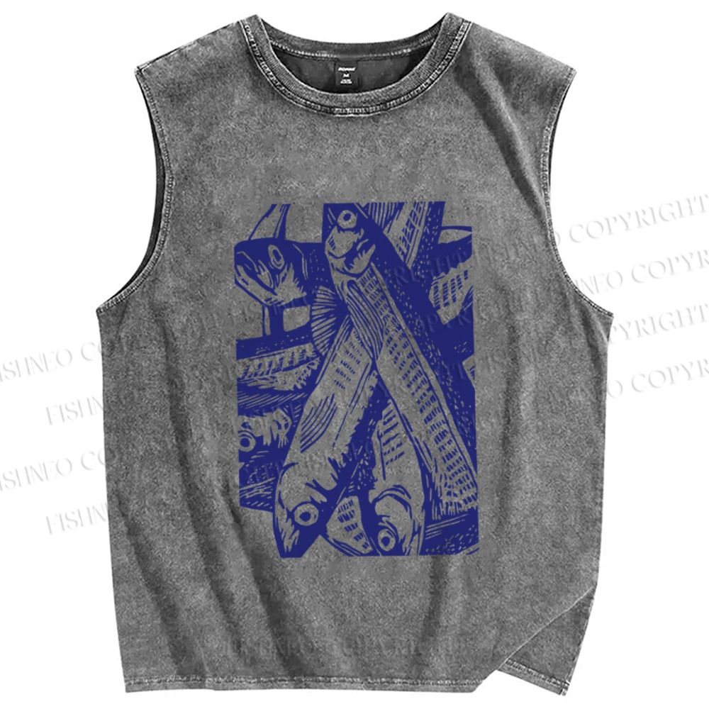 Unisex Vintage Sardine Fish Printed Washed Tank Top