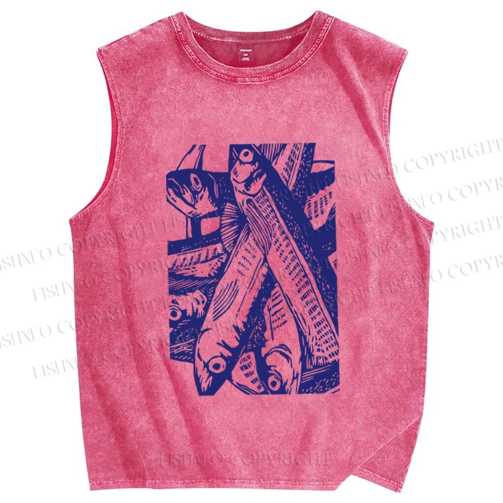 Unisex Vintage Sardine Fish Printed Washed Tank Top