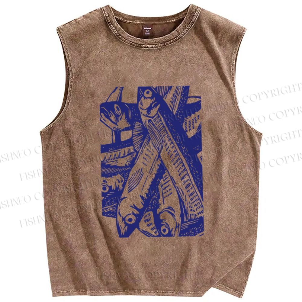 Unisex Vintage Sardine Fish Printed Washed Tank Top