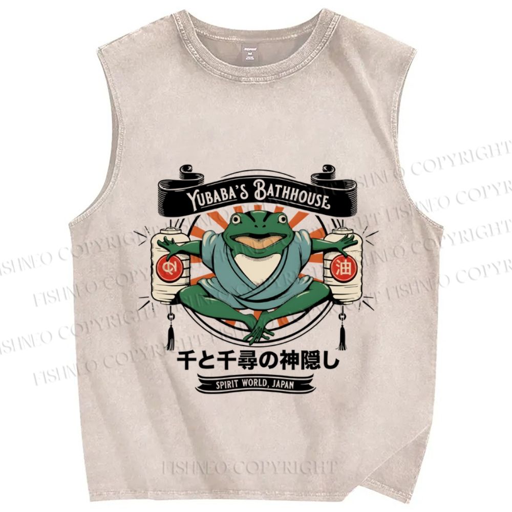 Unisex Vintage Japanese Frog Printed Washed Tank Top