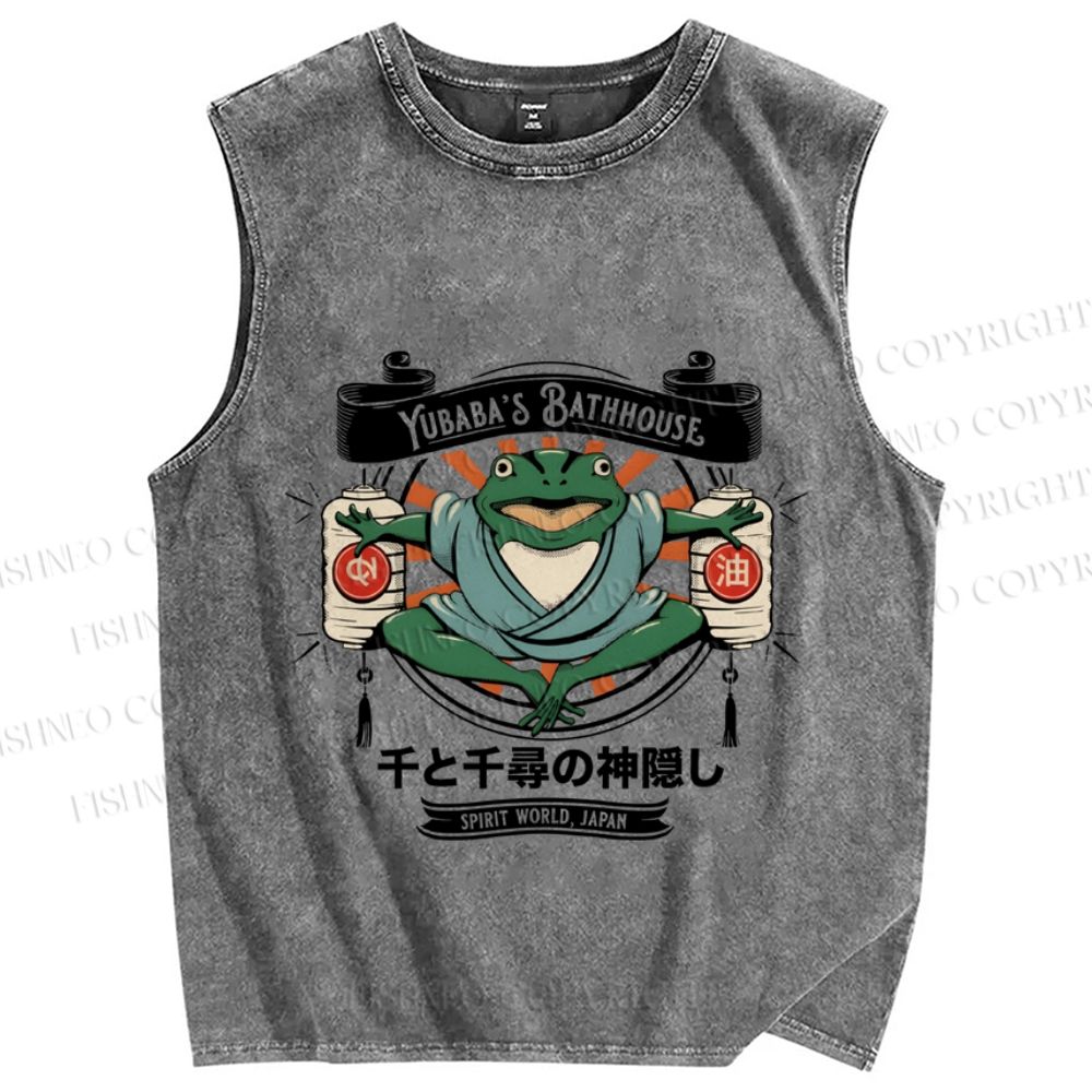 Unisex Vintage Japanese Frog Printed Washed Tank Top
