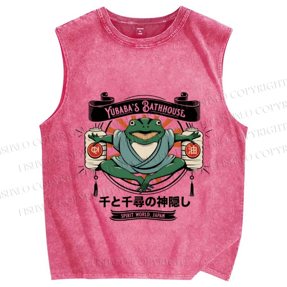 Unisex Vintage Japanese Frog Printed Washed Tank Top