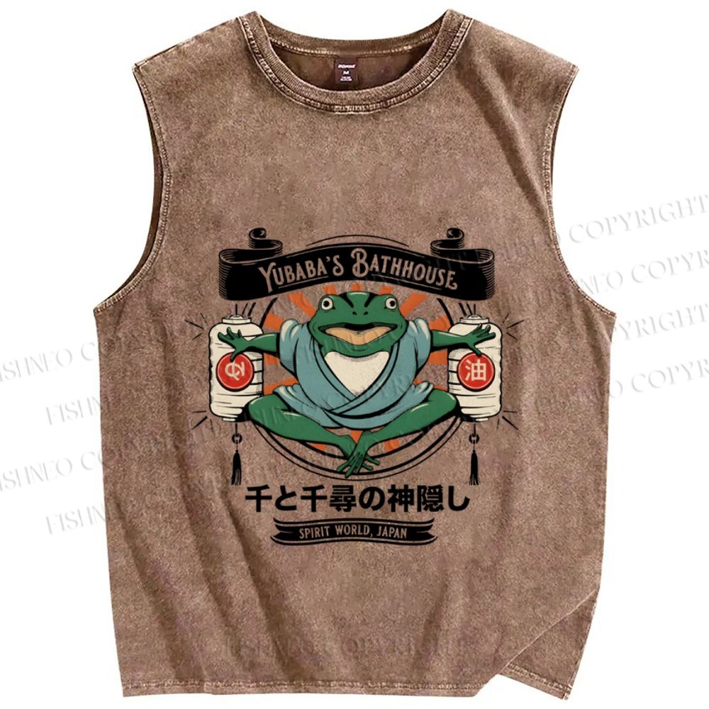 Unisex Vintage Japanese Frog Printed Washed Tank Top