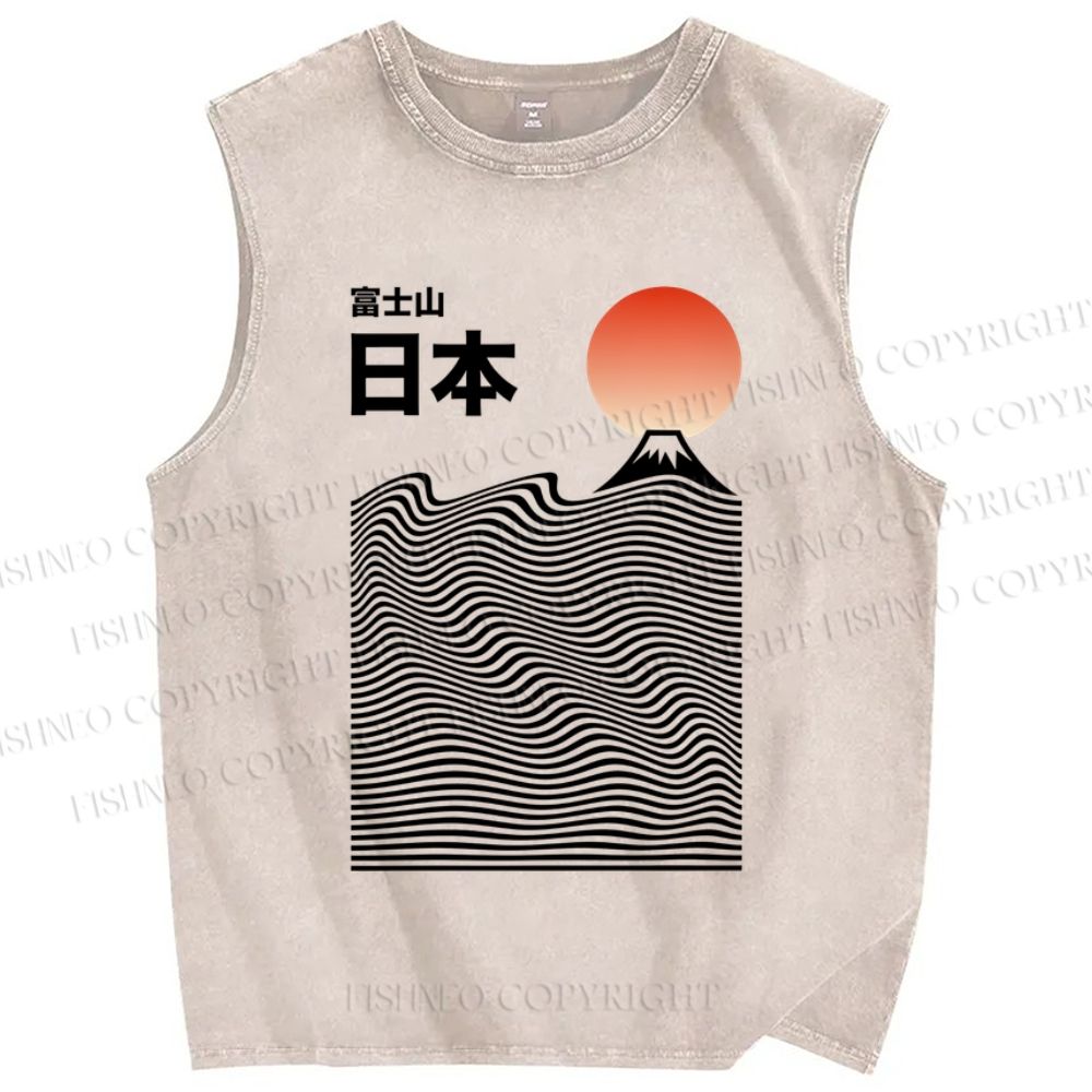 Unisex Mount Fuji Ocean Waves Printed Washed Tank Top