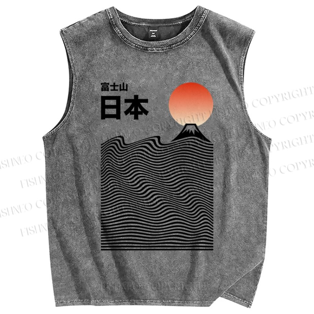 Unisex Mount Fuji Ocean Waves Printed Washed Tank Top
