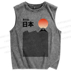 Unisex Mount Fuji Ocean Waves Printed Washed Tank Top