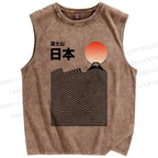 Unisex Mount Fuji Ocean Waves Printed Washed Tank Top