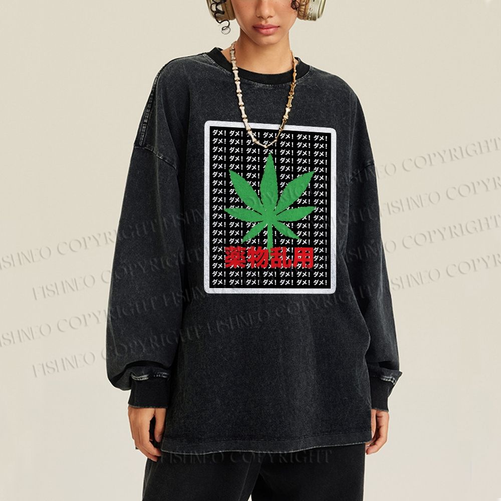 Unisex Casual Washed No Marijuana Printed Long Sleeve T-shirt